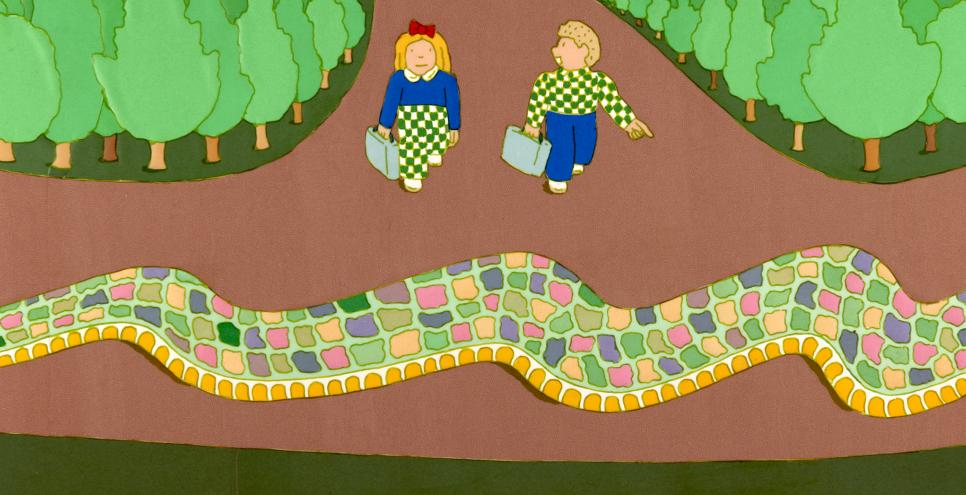 Illustration of two children walking a path with large snake. 