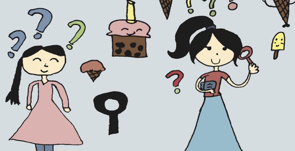 Illustration of sisters Emma and Belley standing and smiling, surrounded by floating question marks and ice cream cones.