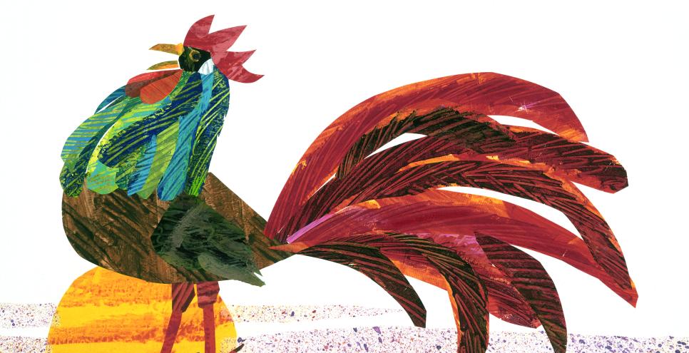 Illustration of rooster next to rising sun. 
