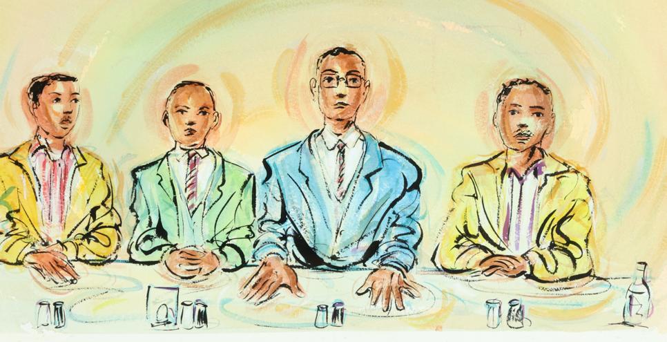 Four Black men seated at a diner counter, looking straight ahead.