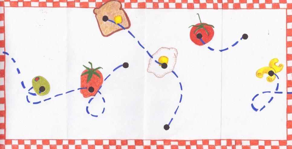 A drawing framed by a red checkerboard with drawings of an olive, strawberry, toast, egg, tomato and pasta with holes in each food item.