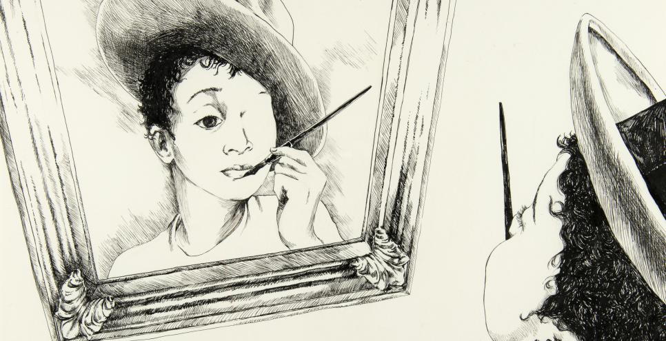 Illustration of child painting himself into canvas like mirror. 