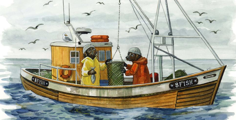 Two dogs in rain gear on a fishing boat with birds flying in the background.