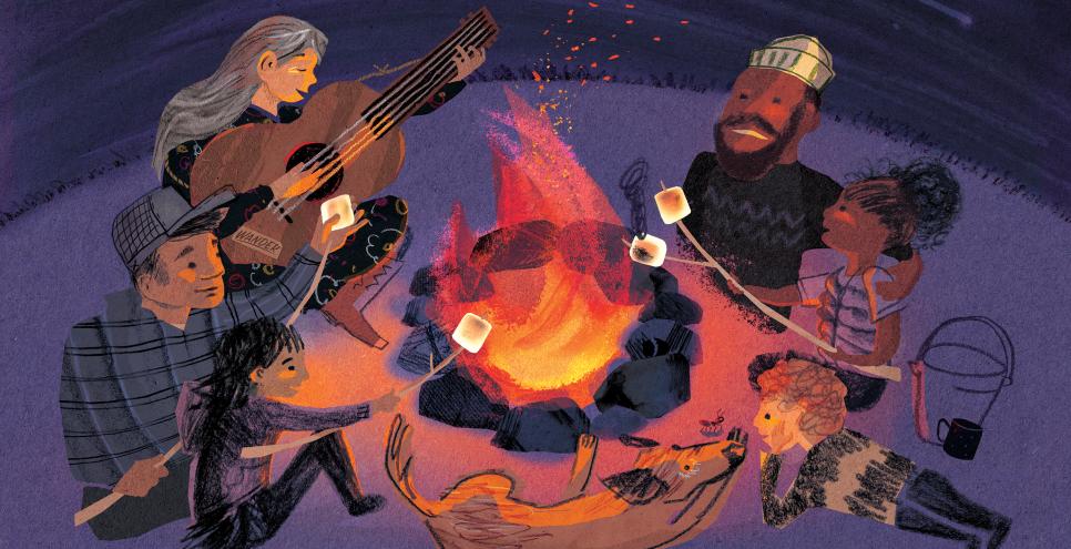 People surrounding a campfire at night, playing a guitar and roasting marshmallows