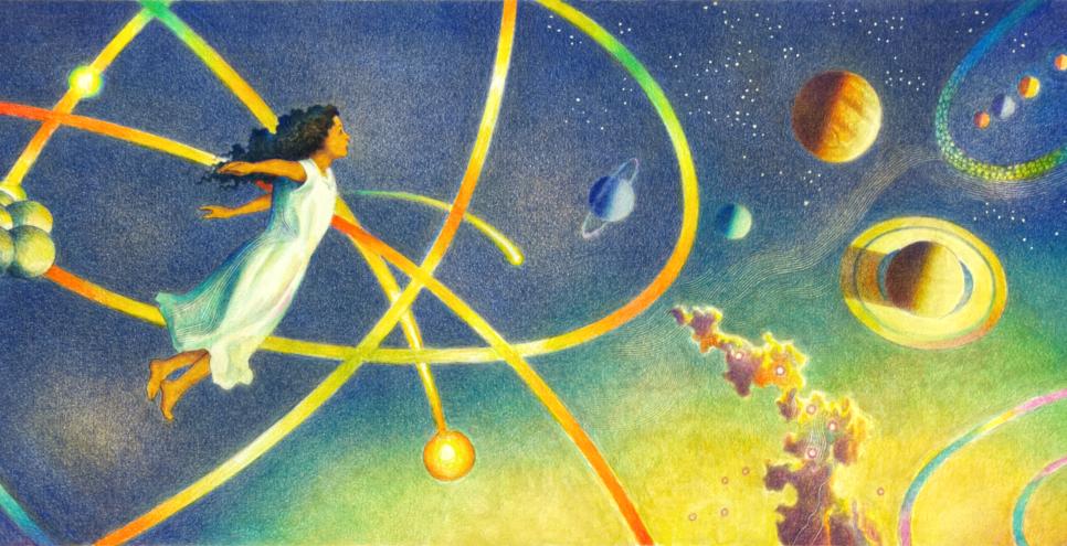 Illustration of girl floating through space. 