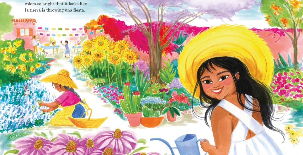 Book pages showing girl in tropical landscape. 