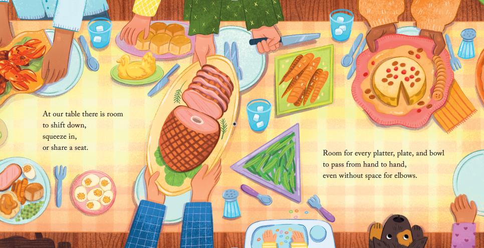 bird's eye view of a table showing hands and food