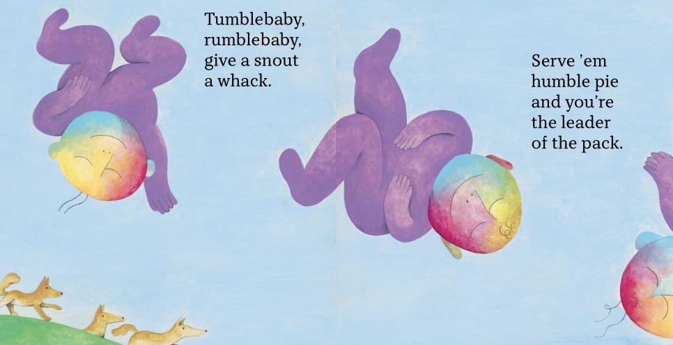 A purple baby with a rainbow-colored head floats and twists across the sky.