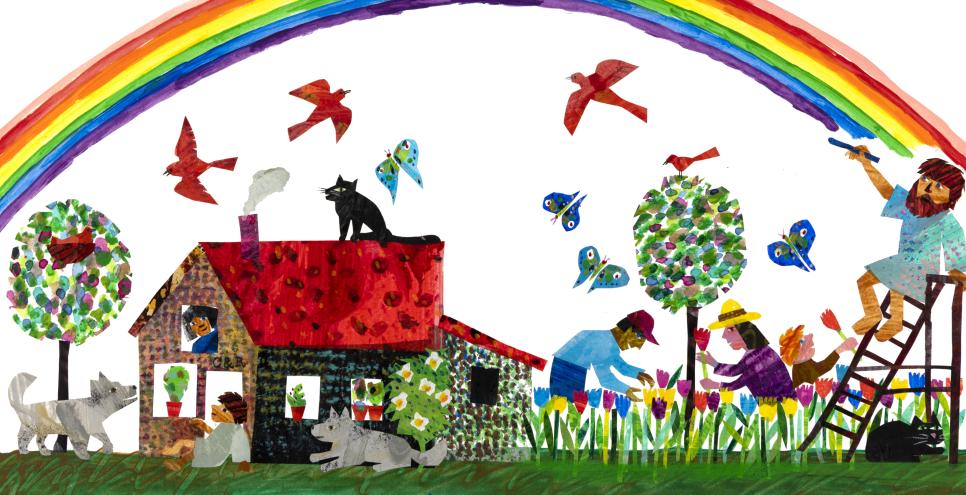 Illustration of artist drawing rainbow over scene. 