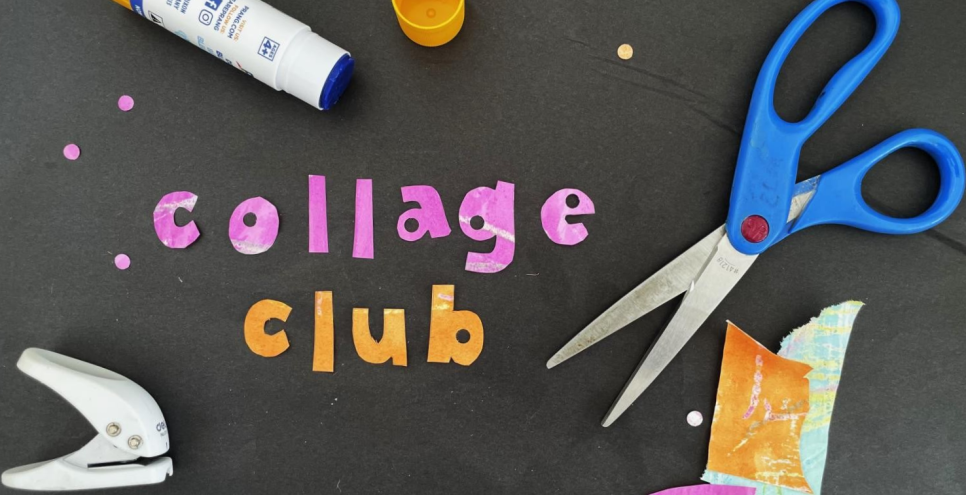 Cut out paper letters saying collage club. Scissors, hole punchers, papers, glue sticks on a work table.