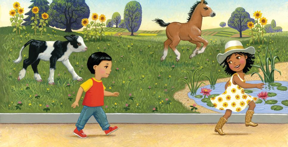 illustration of children walking on a farm