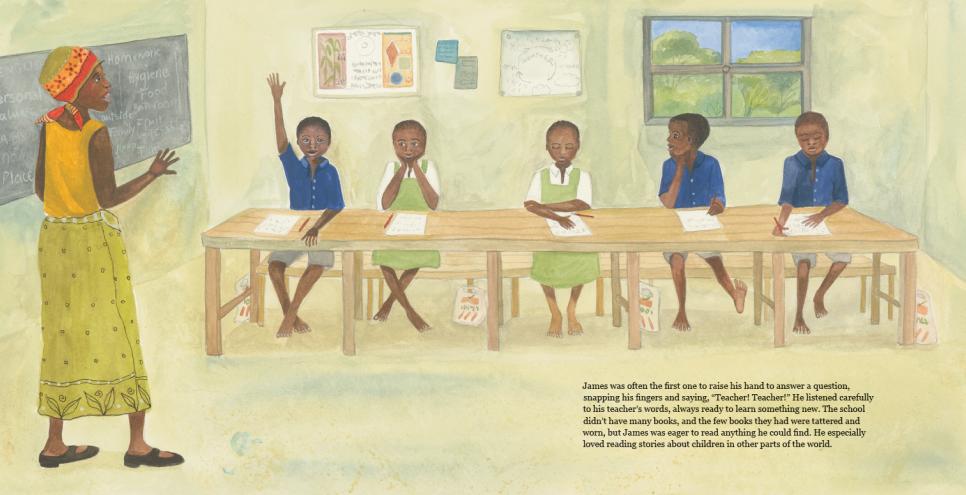 A classroom with a teacher standing next to a row of Black students seated a desks. One student has their hand raised.