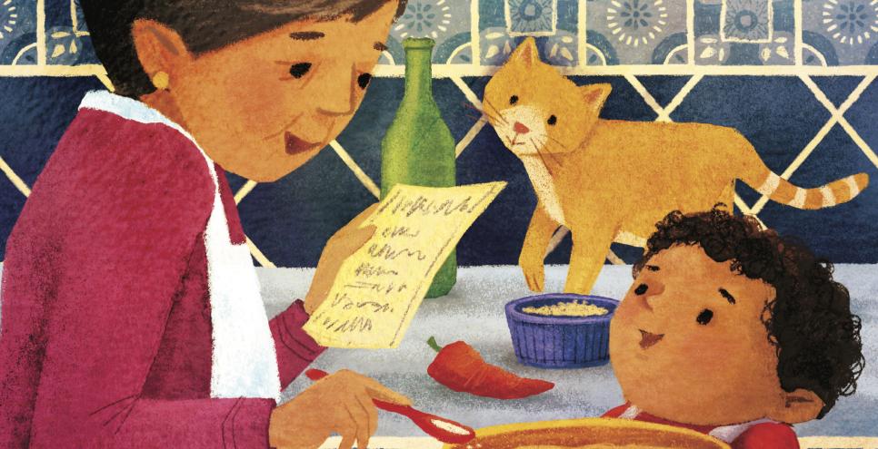 A boy and his abuela cook together in the kitchen, with a cat watching nearby.
