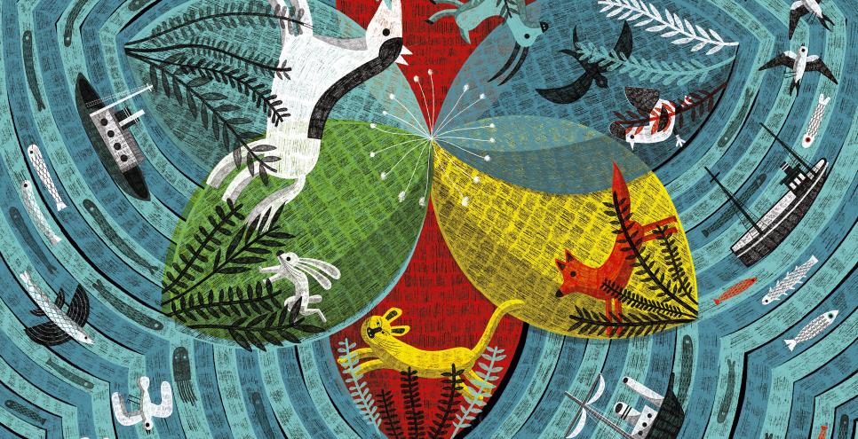 Illustration of animals in abstract composition. 