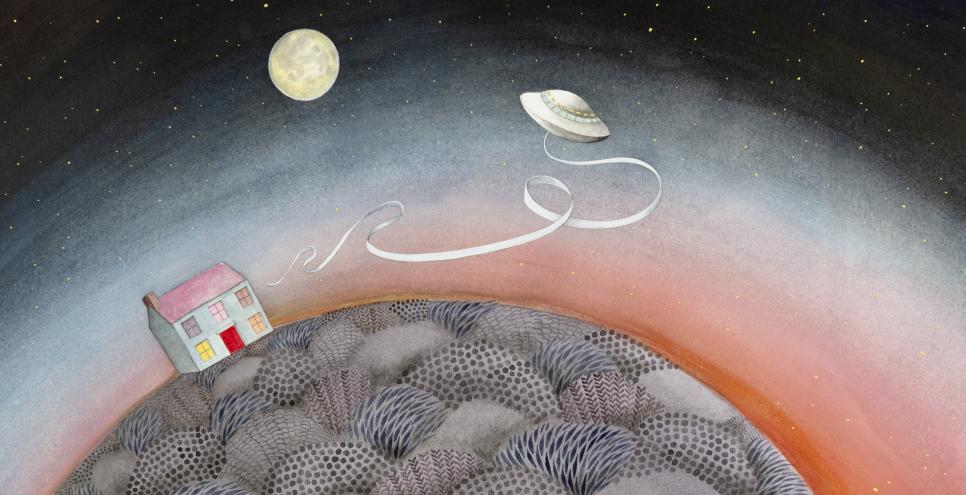 illustration of house on planet. 