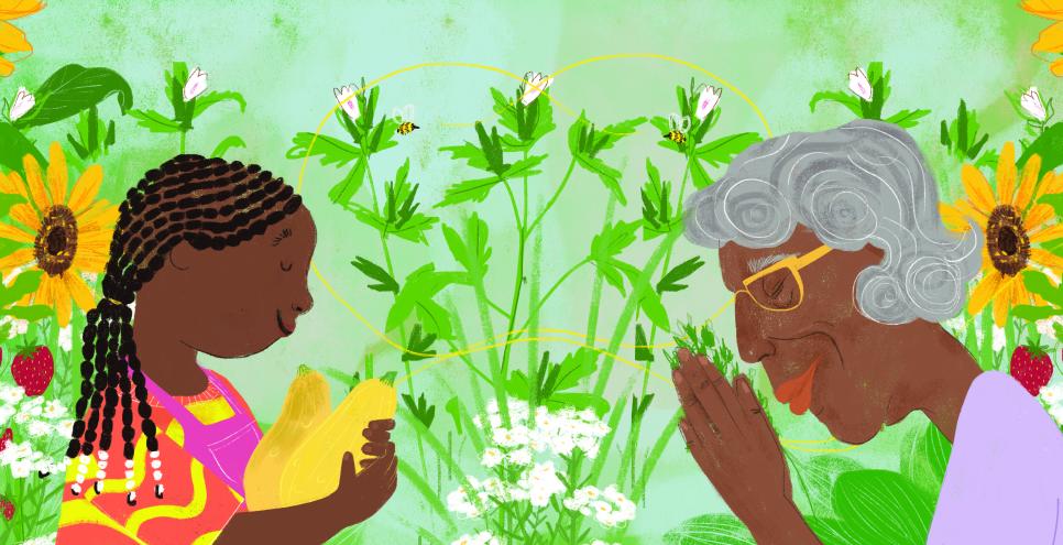 A young Black girl and her grandmother face each other, surrounded by flowers.