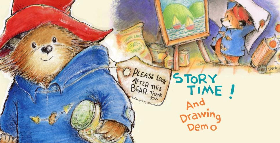 Graphic of Paddington Bear holding a suitcase in one paw and in the background another picture of Paddington next to a painting on an easel.