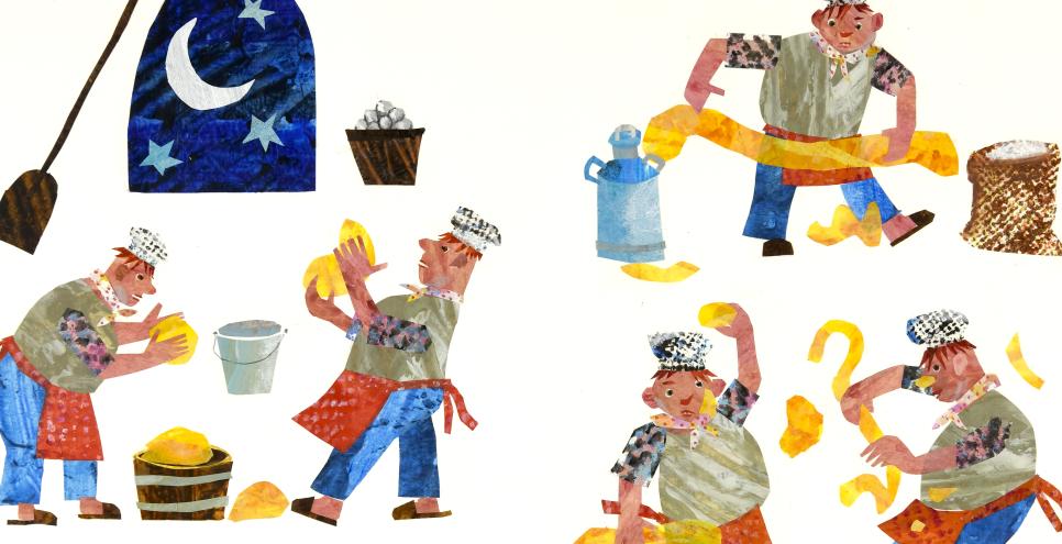 Illustration of baker making bread in stages. 