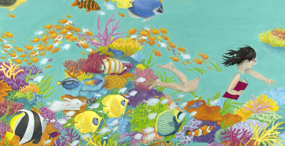 Illustration of girl swimming in reef. 
