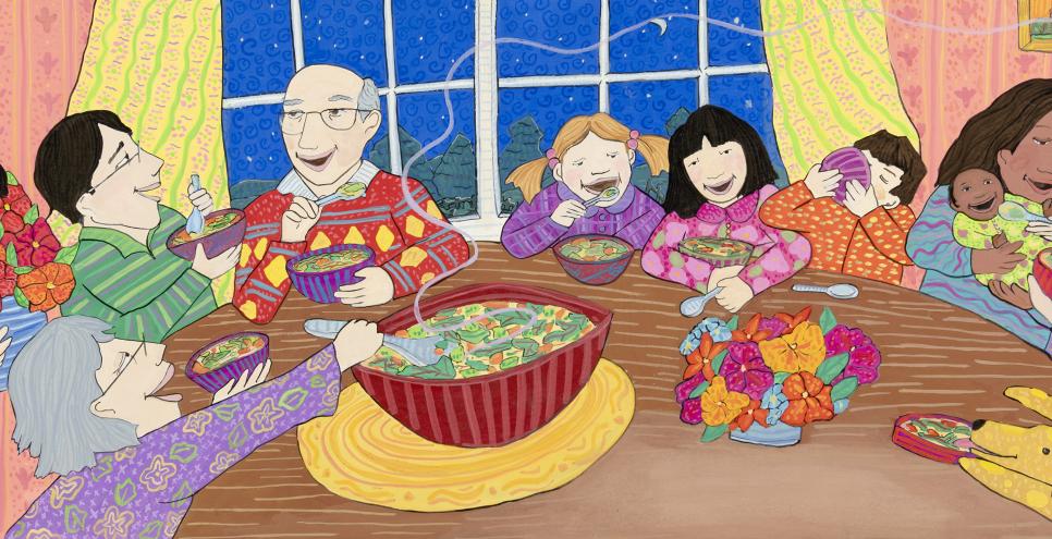 Illustration of people eating at table. 