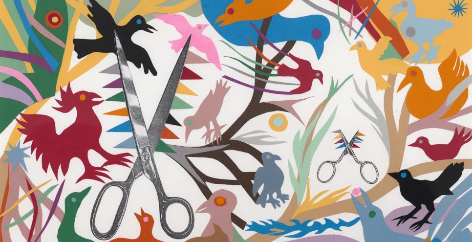 Illustration of birds and scissors.