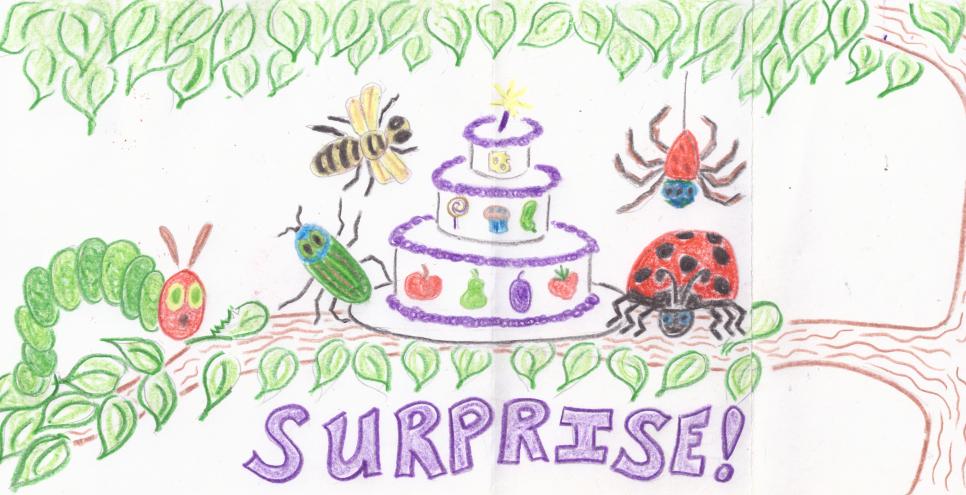 Drawing of The Very Hungry Caterpillar surprised by their friends with a cake!