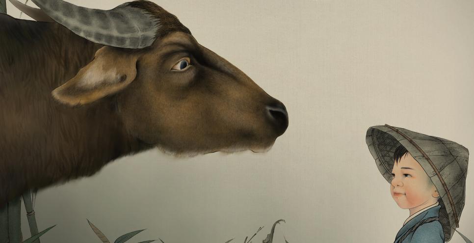 Profile of a boy and ox looking at one another.