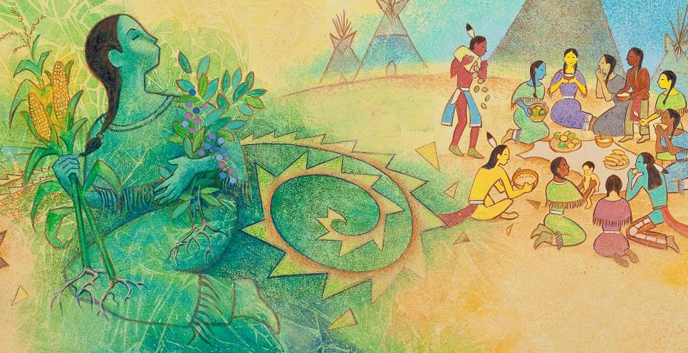 Illustration of figure in green next to gathering of indigenous people.