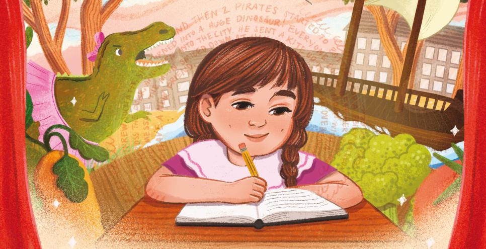 A young girl sits at a table writing in a notebook, surrounded by trees, a house and a dinosaur wearing a pink tutu.
