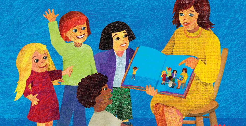 Book cover showing children and grownup at storytime.