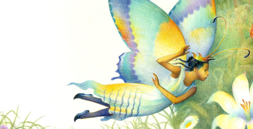 Illustration of a butterfly in flower garden. 