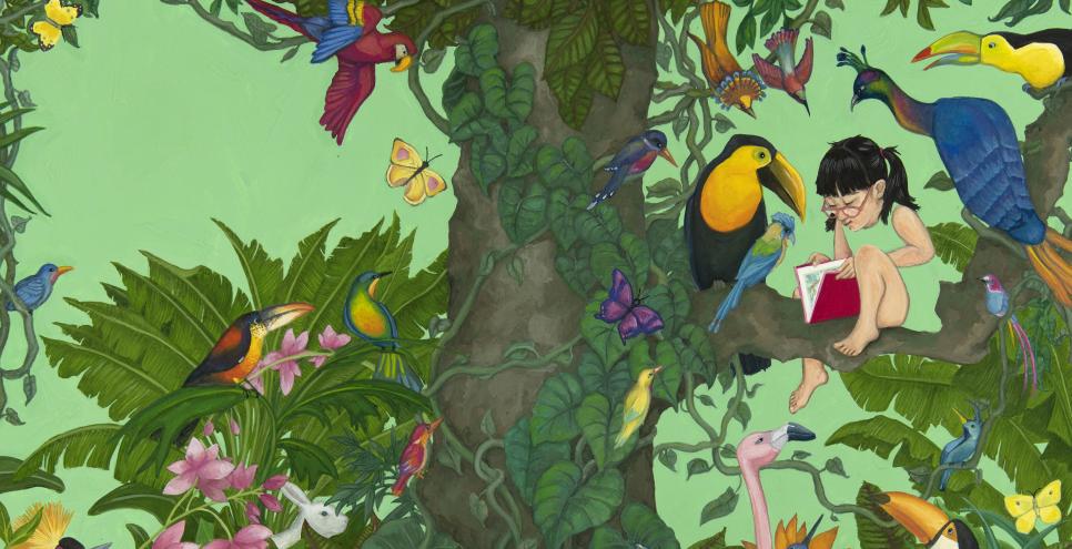 Illustration of girl reading book in tree to tropical birds. 