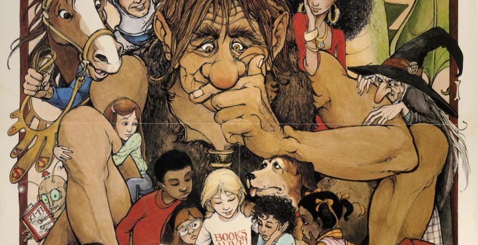 Illustration of monsters and knights and other creatures reading books together. 