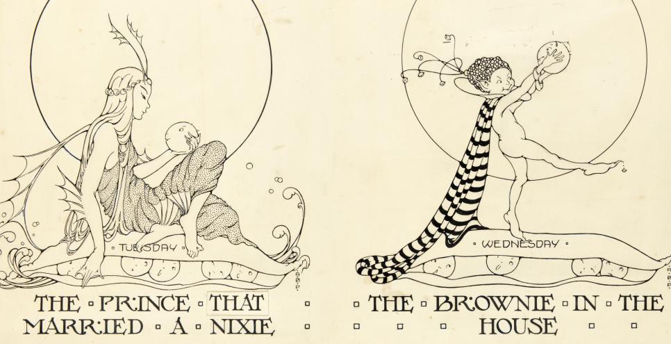 Illustration in black line of magical elf creatures. 