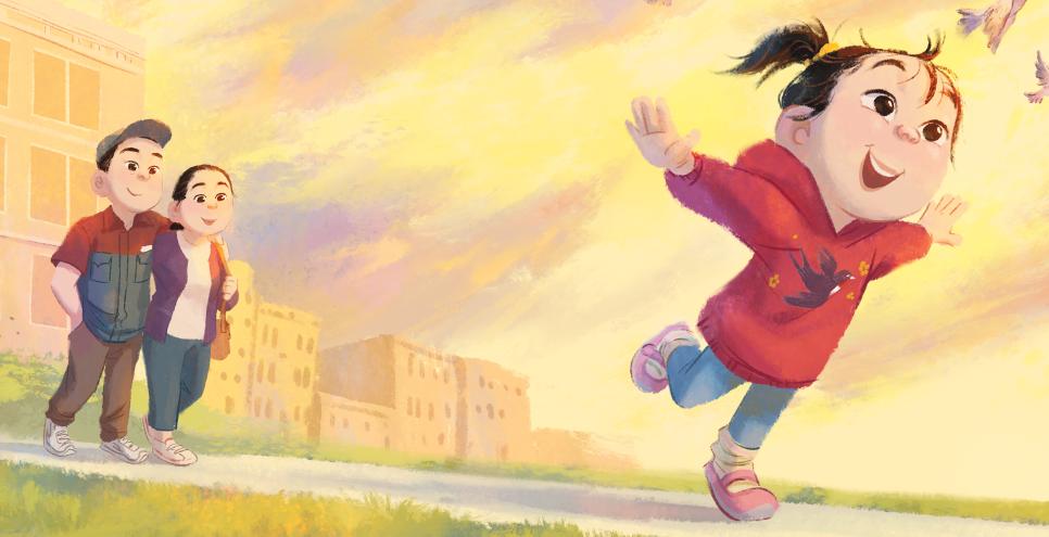 A girl in a red jacket runs with arms out wide, with her parents walking in the background.
