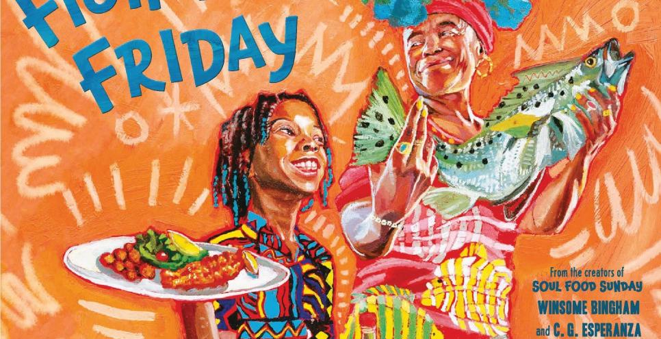 a Black boy holding a platter of food and a Black woman holding a fish
