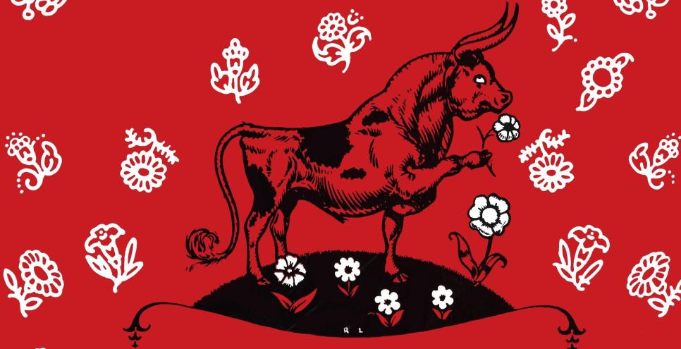 Book cover illustration of bull sniffing flower. 