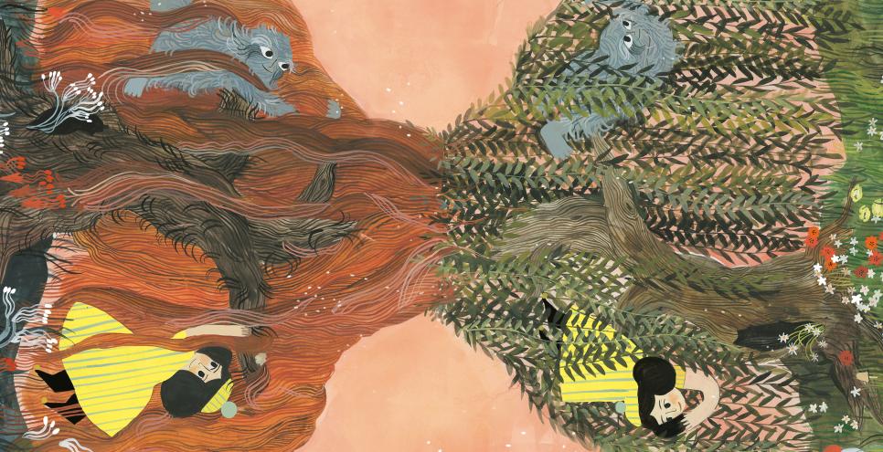 Illustration of girl in two landscapes mirror-imaged. 