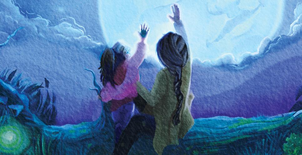 A grandmother and granddaughter look and point at the moon.