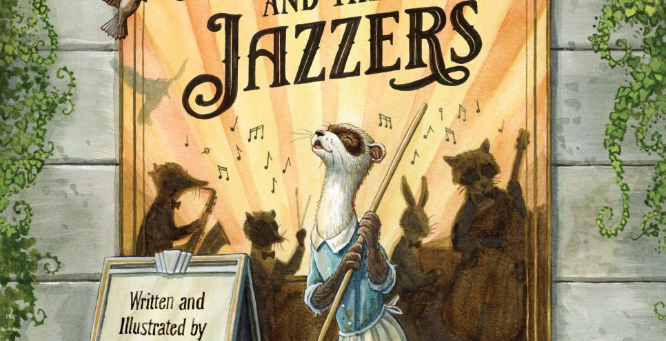 illustration of a ferret mopping outside a jazz concert