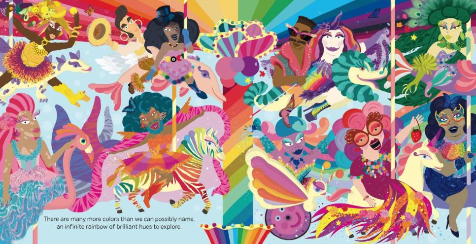 illustration of a crowd of very colorful drag queens