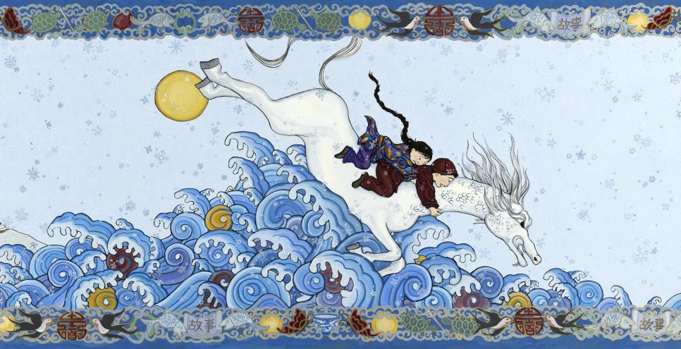 Illustration of girl on white horse jumping over waves. 