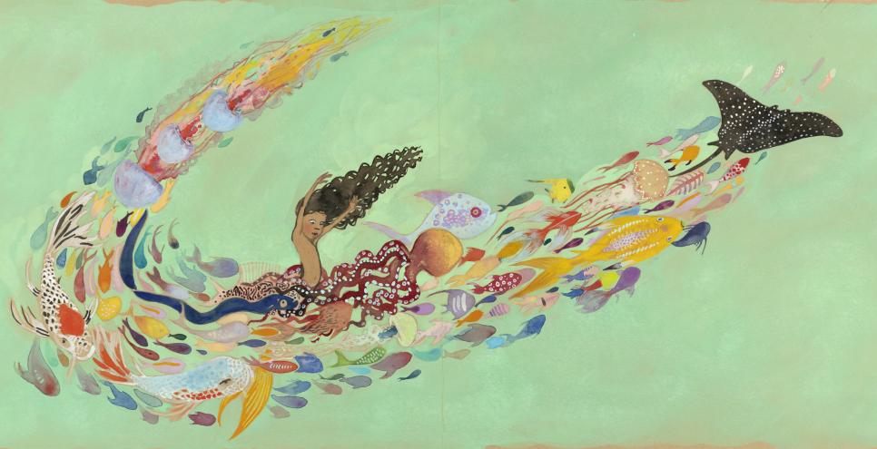 Illustration of mermaids in green-ish water