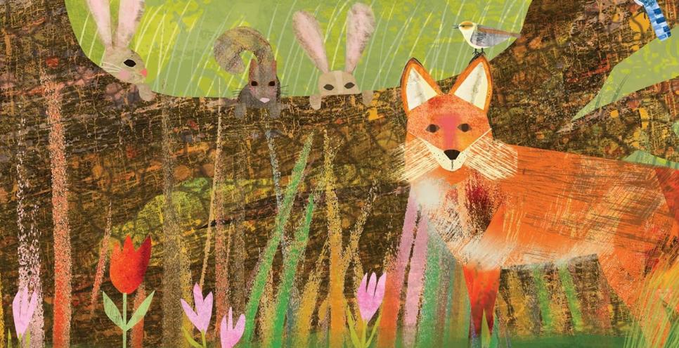 a fox and other animals in front of a fallen oak tree