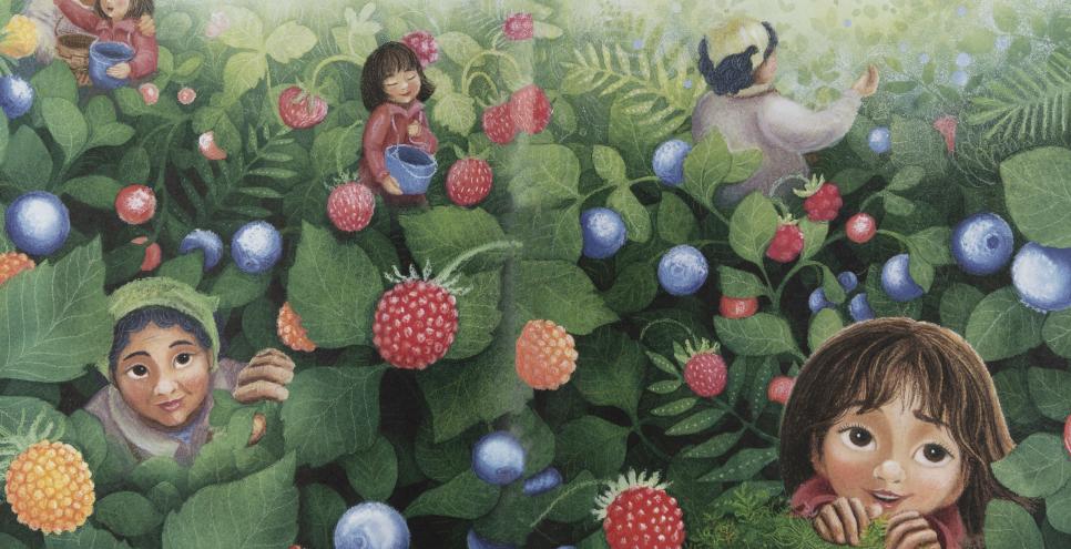 Image of people in raspberry patch. 