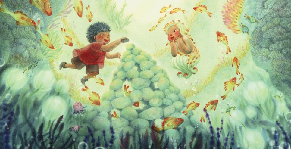 Illustration of child swimming with fish near reef. 