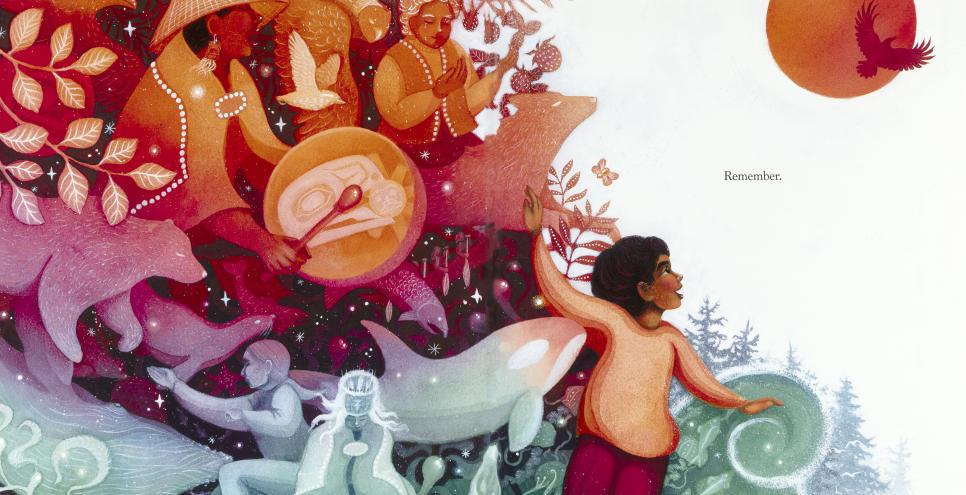 A girl dances with her arms stretched, mirroring the wings of a bird flying above. Community surrounds her as they play music, sing, and dance.