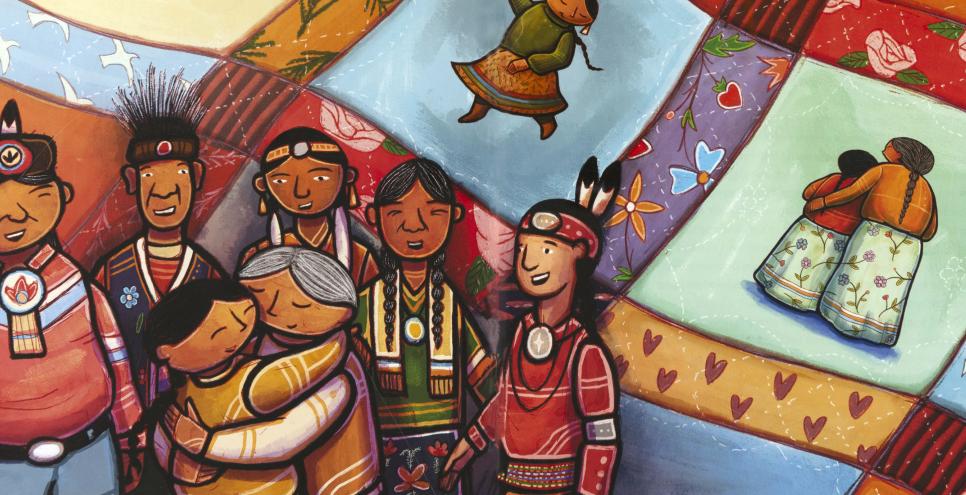 granddaughter and grandmother hug surrounded by uncles and cousins with quilt in the background