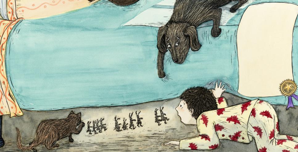 image of bed with boy looking under the bed at the mice below and dog peering down at the boy