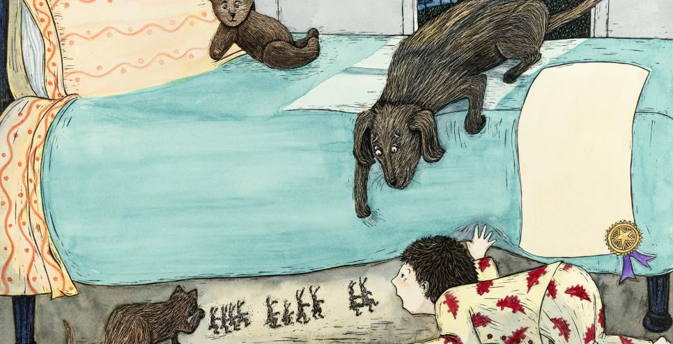 image of bed with boy looking under the bed at the mice below and dog peering down at the boy